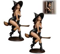 2PCS Halloween Mysterious Statue,Sexy Witch Bookshelf Figurine,6" Hand-Painted Dark Fairy Witch on Resin Gothic Riding