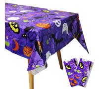 2pcs Halloween Tablecloth, 137 X 274cm Rectangle Halloween Table Cover, Pumpkin Bat Skeleton Purple Halloween Table Cloth, Reusable Waterproof Tablecover for Halloween Party Home Decorations