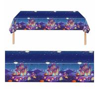 2Pcs Halloween Tablecloth, 137x274 cm Purple Castle Pumpkin Printed Rectangle Plastic Table Covers, Waterproof Washable Polyester Fabric for Halloween Party Decorations, Starry Sky Blue Table cloth