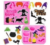 2Pcs Halloween Witch Theme Fondant Molds Hocus Pocus Witch Hat Black Cat Book Bat Pattern Silicone Moulds for Halloween Party Cupcake Topper Decorating Sugar Craft Resin Clay