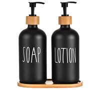 2Pcs Hand Soap Dispenser With Tray 17oz Easy-To-Press Pump Soap Dispenser Glass Countryside Bamboo Refillable Kitchen For Dish Bathroom Lotion (Black)