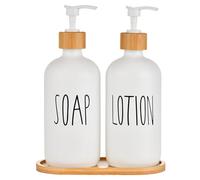 2Pcs Hand Soap Dispenser With Tray 17oz Easy-To-Press Pump Soap Dispenser Glass Countryside Bamboo Refillable Kitchen For Dish Bathroom Lotion (White)