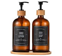 2Pcs Hand Soap Dispenser With Tray 17oz Easy-To-Press Pump Soap Dispenser Glass Countryside Bamboo Refillable Kitchen For Dish Bathroom Loition (Amber)