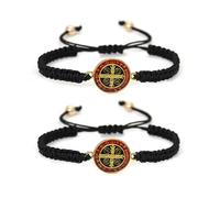 2Pcs Handmade 7 Knots Cross Saint Benedict Medal Bracelet Set Handwoven Red Cord String San Benito Bracelet for Women Men Adjustable Braided Rope Amulet Protection Jewelry Religious Gift, polyamide