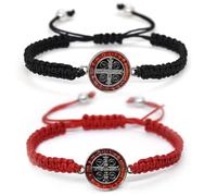 2Pcs Handmade 7 Knots Cross Saint Benedict Medal Bracelet Set Handwoven Red Cord String San Benito Bracelet for Women Men Adjustable Braided Rope Amulet Protection Jewelry Religious Gift, polyamide