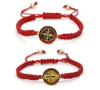2Pcs Handmade 7 Knots Cross Saint Benedict Medal Bracelet Set Handwoven Red Cord String San Benito Bracelet for Women Men Adjustable Braided Rope Amulet Protection Jewelry Religious Gift, polyamide