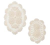 2Pcs Handmade Crochet Lace Doilies for Tables, Beige Oval Lace Table Runner Doilies, Vintage Knitted Coasters Placemats, Floral Cotton Table Scarf Furniture Cloth Cover for Kitchen Dining Room