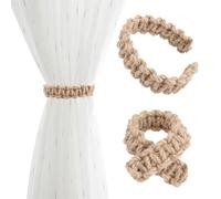 2PCS Handmade Natural Jute Curtain Tiebacks, Adjustable Braided Curtain Holdbacks for Drapes, Rustic Farmhouse Boho Window Decoration, Lightweight Brown Rope Tie Backs for Home Office Bedroom