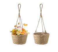 2PCS Hanging Basket Natural Seagrass Hanging Basket with Jute Rope, Foldable Seagrass Macrame Planter for Succulents, Indoor & Outdoor Decor, Khaki