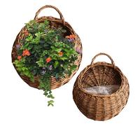 2Pcs Hanging Wicker Baskets with Handle, Wall-Mounted Rattan Plant Containers with Plastic Liner for Front Door, Balcony, Garden Home Décor