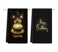 2pcs Happy Birthday Tea Towels for Kitchen, Black Gold Birthday Cake Print Kitchen Towels Absorbent Microfiber Dish Cloths Quick Dry Reusable Hand Towel for Birthday Party Decor (40x60cm / 16x24 inch)