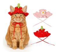 2Pcs Hat for Cat, Cat Hats for Cats Only Cotton & Soft Cute Knitted Hats Cats Apparel for Birthday Party Christmas Easter Travel Clothes Accessories (Strawberry and Flower)