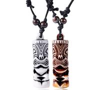 2pcs Hawaiian Protection Amulet, Adjustable Polynesian Tribal Beach Lucky Pendant Necklace Set Tiki Fish Hook Sea Turtle Shark Tooth Wolf Tooth Carved Decoration Gift(White, Brown)