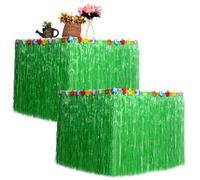 2PCS Hawaiian Table Skirt, 109x30in Floral-Adorned Reusable Raffia Fringe Grass Table Skirt for Tropical Tiki Birthday Party, Luau, Beach & Bar Decor (Green)