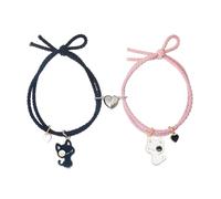 2Pcs Heart Couples Bracelet for Women Men Cat Friendship Bracelet Adjustable Hand Woven Kitty Bracelet Valentine's Day Jewelry Gift, Zinc, no gemstone
