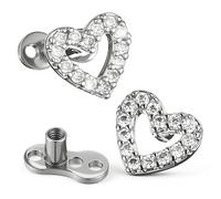 2Pcs Heart Dermal Jewelry Tops 14G Cubic Zirconia Dermal Piercing 316l Surgical Steel Fake Dermals Piercing Internally Threaded Studs for Women Men