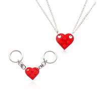 2pcs Heart Keychain and Necklace Set, Red Heart Matching Keychain and Necklace Small Brick Heart Ornaments Sweet Gift for Couples, Lovers, Boyfriend, Parents
