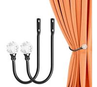 2PCS Heavy Duty Metal Curtain Holdbacks, U Style Black Metal Curtain Tie Backs Hooks with Crystal Decorative, Wall Mounted Tie Backs for Curtains for Fixed Curtain or Hanging Items