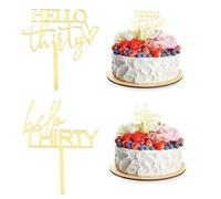 2PCS Hello Thirty Cake Toppers, 30th Birthday Cupcake Topper Gold Acrylic Cake Decorations Party Supplies for Anniversary Birthday