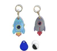 2Pcs Hidden Tracker Protective Case for Apple AirTag, Cute Rocket Leather Keychain For AirTag, Anti-Lost Keyring With AirTag Cover for Kids, Backpack, Pet Collar, Luggage (Light Blue & Grey, Rocket)