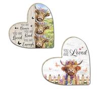 2Pcs Highland Cow Gift Set, Wooden Highland Cow Ornaments with Encouraging Message, Positive Heart Plaques Decor for Desk & Bookshelf, Keepsake Gifts for Women, Girls and Friends