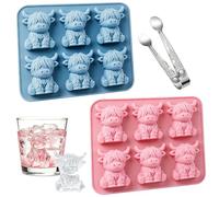 2Pcs Highland Cow Ice Cube Tray Set Blue Pink with Cube Tongs, Cute Silicone Silicone Mold for Whiskey Cocktails, Reusable Ice Cubes, Farmhouse Kitchen Cows Mold, Highland Cow Gifts
