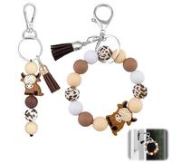 2Pcs Highland Cow Keyring and Bracelet Set Silicone Bead Highland Cow Keychain Cute Animal Keychain with Tassel Scottish Highland Cow Gifts for Women Men Car Accessories Bag Charm Party Favors