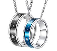 2PCS His Hers Matching Set Necklace for Couples, Heartbeat Spinner Women's Necklaces with, Black Blue Stainless Steel Promise Ring Necklace, Length 50/ 60CM
