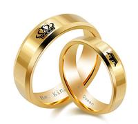 2pcs His Queen and Her King Couple Rings Set, Titanium Steel Matching Promise Wedding Engagement Band for Couples (Black, Gold), Metal, Cubic Zirconia