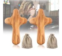 2PCS Holding Cross Olive Wood 10cm, Wooden Holding Cross Small Crucifix with with Portable Woven Linen Sack Handcrafted Religious Keepsake Religious Christian Faith for Men and Women Christian Gifts