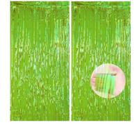 2pcs Holographic Green Glitter Tinsel Curtains, 1 * 2m Iridescent Party Foil Door Curtains with Fringe, Luau Hawaiian Safari Jungle Xmas Party Décor
