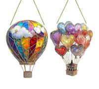 2Pcs Hot Air Balloon Ornament, 2D Hot Air Balloon Decoration, Stained Sun Catcher Hot Air Balloon with Simulated Flame Pattern, Hanging Acrylic Lanterns for Windows, Gardens