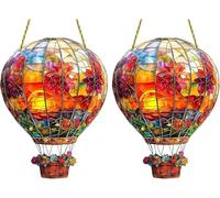 2PCS Hot Air Balloon Solar Garden Light Decor, 2D Stained Sun Catcher Balloon, Flame Effect Garden Outdoor, Hanging Acrylic Solar Lanterns Decor for Outside Window Home