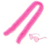 2Pcs hot pink feather boa and heart sunglasses set, hen party accessories | Soft fluffy turkey trim scarf with rimless eyewear, ideal for cosplay, festivals, and ABBA or Mamma Mia themed outfits