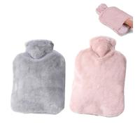 2pcs Hot Water Bottle Set with Plush Faux Fur Cover, 2L Leak-Proof Natural Rubber, Body & Period Pain Relief, Winter Warmth for Adults/Kids, 30cm/11.8in, Pink & Grey