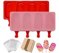 2Pcs Ice Lolly Moulds with 100 Wooden Sticks and 100 Cellophane Bags, Silicone Popsicle Cake Lolly Mould, Homemade Oval Popsicle Maker for DIY Ice Cream