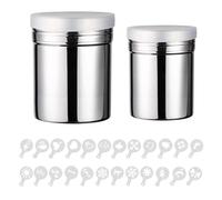 2Pcs Icing Sugar Shaker Duster with Lid, Chocolate Powder Shaker Stainless Steel, Sugar Shaker with 20 Different Pulling Moulds, Flour Shaker for Cappuccino, Sugar, Salt, Cocoa, Flour, Coffee