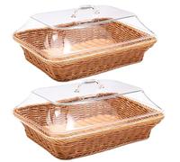 2PCS Imitation Rattan Bread Baskets Fruit Snack Basket with Acrylic Lid | Handwoven Rectangle Bread Snack Basket, Fruit & Vegetable Colander for Kitchens, Dining Room, Picnic Tray, Decoration