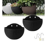 2PCS Imitation Rattan Wall Hanging Flower Pot, Semicircle Wall Hanging Planters Outdoor With Hooks, Mounted Plant Holder, European Style Garden Hangings Basket, For Balcony, Fence,Rail, Deck(Black)