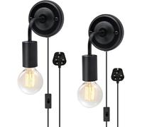 2Pcs Industrial Plug in Wall Lights for Bathroom, E27 Lamp Holder with 1.8M Cord and Switch, Matte Black Curved Arm Metal Wall Sconce Fixtures, Modern Indoor Lighting for Hallway Stairs (No Bulb)