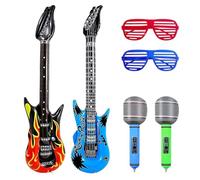 2pcs Inflatable Guitars, 2pcs Inflatable Microphone and 2pcs Party Glasses, Apply to Kids Adults Birthday Party Decoration Gift, Musical Concert Themed Party Favor(Random color)