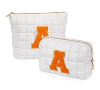 2PCS Initial Checkered Makeup Bag, Quilted Cosmetic Bag, Cute Make up Pouch for Purse, Travel Toiletry Storage Bag for Women Preppy Teen Girls Gift Trendy Stuff Gift (White A), White A, A
