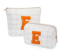 2PCS Initial Checkered Makeup Bag, Quilted Cosmetic Bag, Cute Make up Pouch for Purse, Travel Toiletry Storage Bag for Women Preppy Teen Girls Gift Trendy Stuff Gift (White E), White E, A