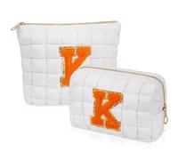 2PCS Initial Checkered Makeup Bag, Quilted Cosmetic Bag, Cute Make up Pouch for Purse, Travel Toiletry Storage Bag for Women Preppy Teen Girls Gift Trendy Stuff Gift (White K), White K, A
