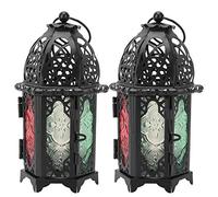 2pcs intage Decorative Candle Ramadan Lantern, Moroccan Style Christmas Hanging Lantern, Metal Tabletop Lantern Decor, Christmas Candle Holders for Outdoor Patio,Black and Color