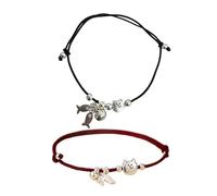2PCS Interchangeable Cats Fish Charm Friendship Bracelets Braided Black Red Threads With Alloy Detail Braided Wristband Alloy Cats And Fish Theme Set