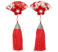 2pcs Japanese Style Cherry Blossom Tassel Hair Clip, Red Fabric | Metal Accent, Easy to Wear and Remove, Suitable for Thick or Thin Hair at Proms and Banquets