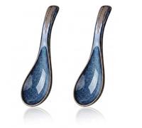 2PCS Japanese Style Soup Spoon, Ceramic Ramen Spoon, Chinese Soup Spoons, Retro Blue Porcelain Spoons for Rice, Miso, Pho, Udon, Wonton, Dumpling, Oatmeal and Stews, Dishwasher Safe (Blue)