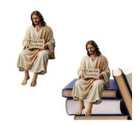 2Pcs Jesus Resin Desk Companion Figurine, Hand Painted Standing Jesus Statue, Handmade Sitting Design Jesuss Christ Statue, I Am With You Always Sign, For Home Office Car Dashboard Decor