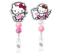 2Pcs Kawaii Kitty Badge Reels Glitter Cartoon Anime Retractable ID Badge Holders with Beaded Alligator Clip Cute Name Tag Gift for Pediatric Nurses Doctors Medical Assistant Nursing Students Teachers